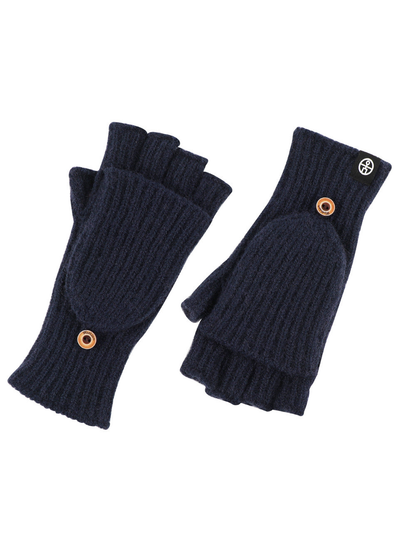 Navy ribbed convertible fingerless gloves with buttoned mitten flaps