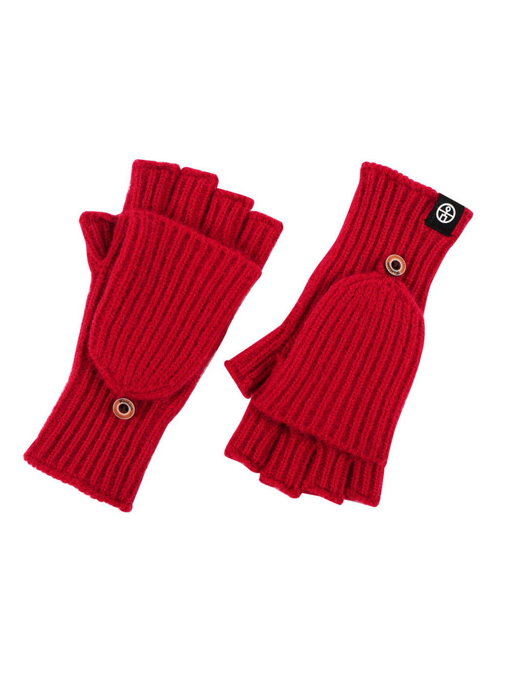 Red ribbed convertible fingerless gloves with buttoned mitten flaps