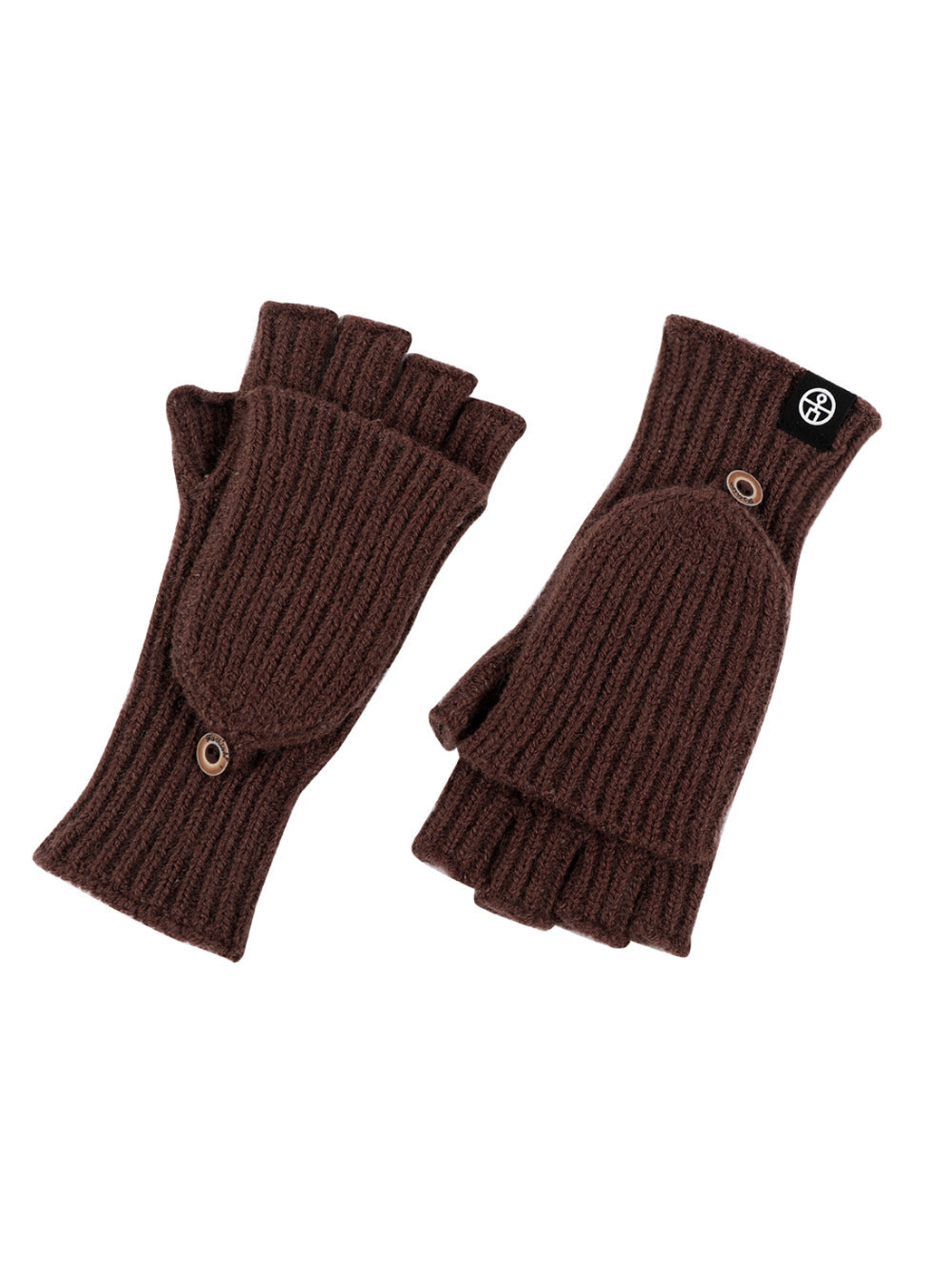 Brown ribbed convertible fingerless gloves with buttoned mitten flaps
