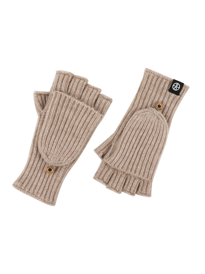 Beige ribbed convertible fingerless gloves with buttoned mitten flaps