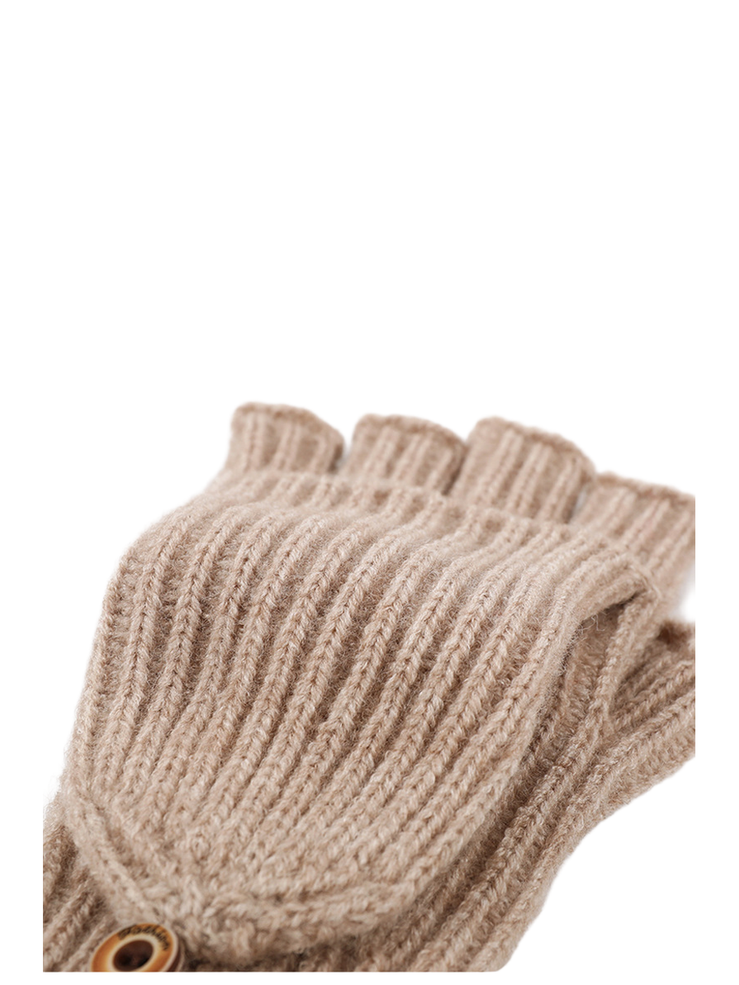 Close-up of the beige ribbed knit texture and convertible mitten flap