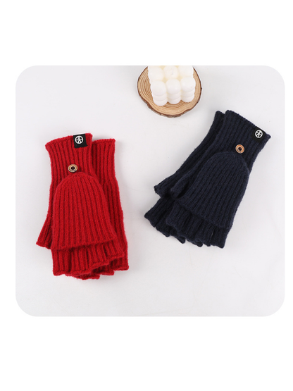 Red and navy convertible fingerless gloves with mitten flaps displayed together