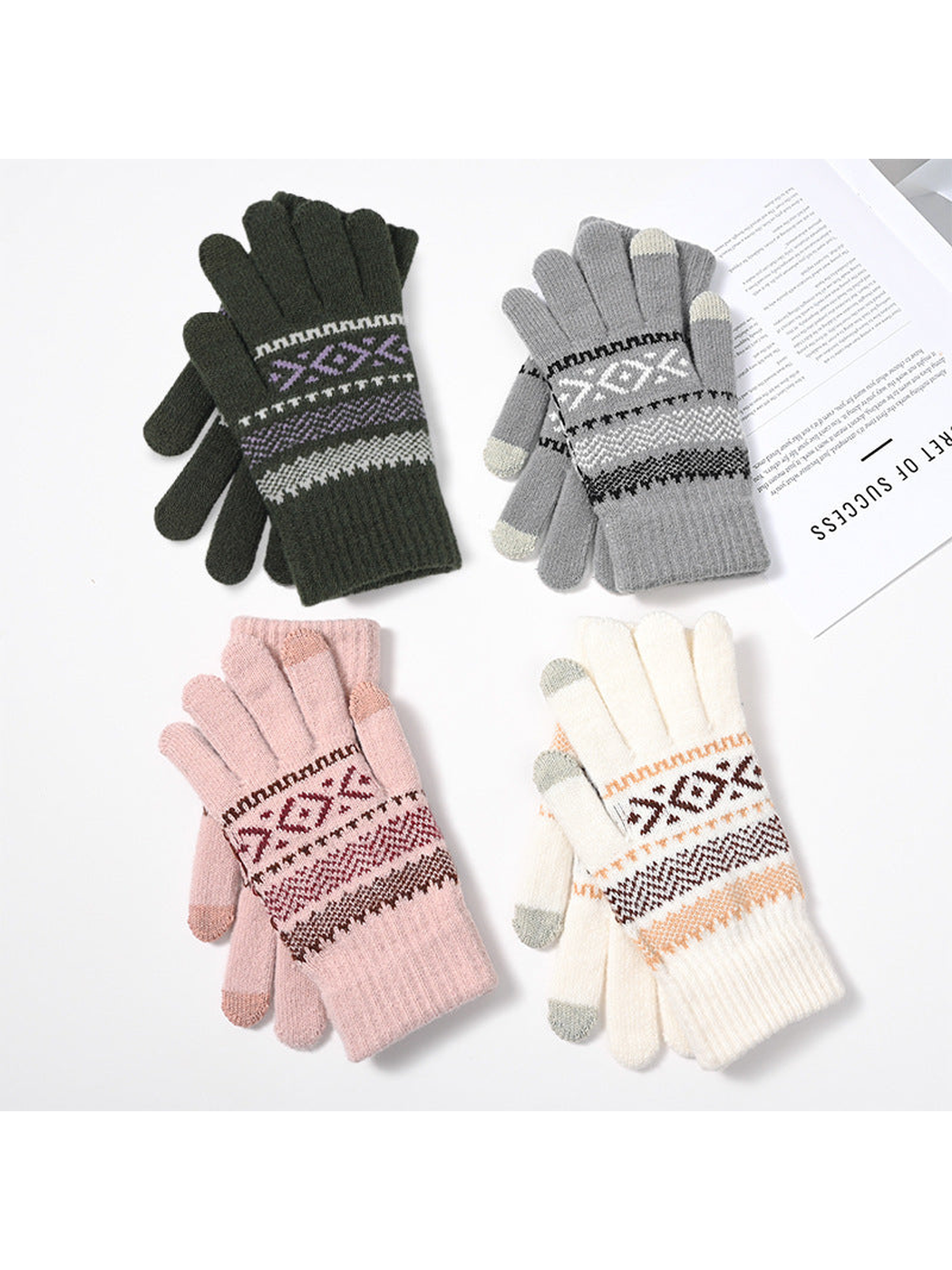 Four colors of geometric-pattern knit gloves displayed together