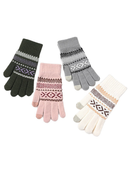 Light pink, dark green, gray and ivory geometric-pattern gloves on white