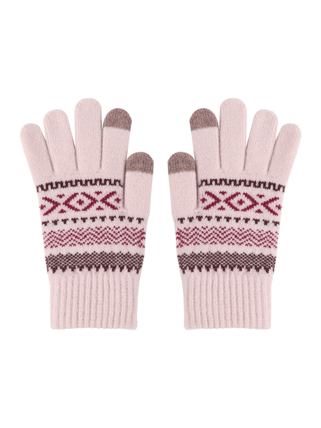Light pink geometric-pattern knit gloves with extended ribbed cuffs