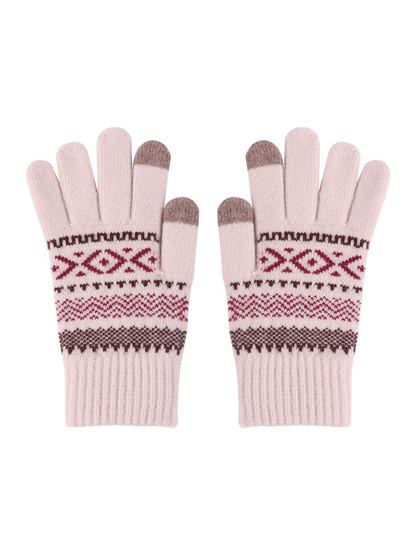 Light pink geometric-pattern knit gloves with extended ribbed cuffs