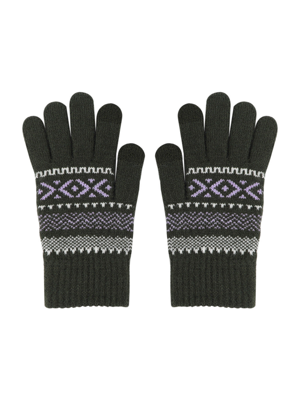 Dark green geometric-pattern knit gloves with extended ribbed cuffs