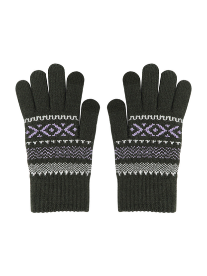 Dark green geometric-pattern knit gloves with extended ribbed cuffs