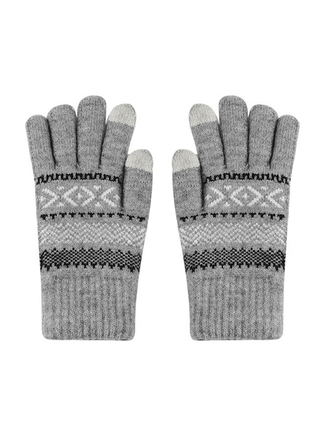 Gray geometric-pattern knit gloves with contrasting fingertips