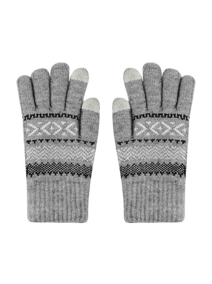Gray geometric-pattern knit gloves with contrasting fingertips