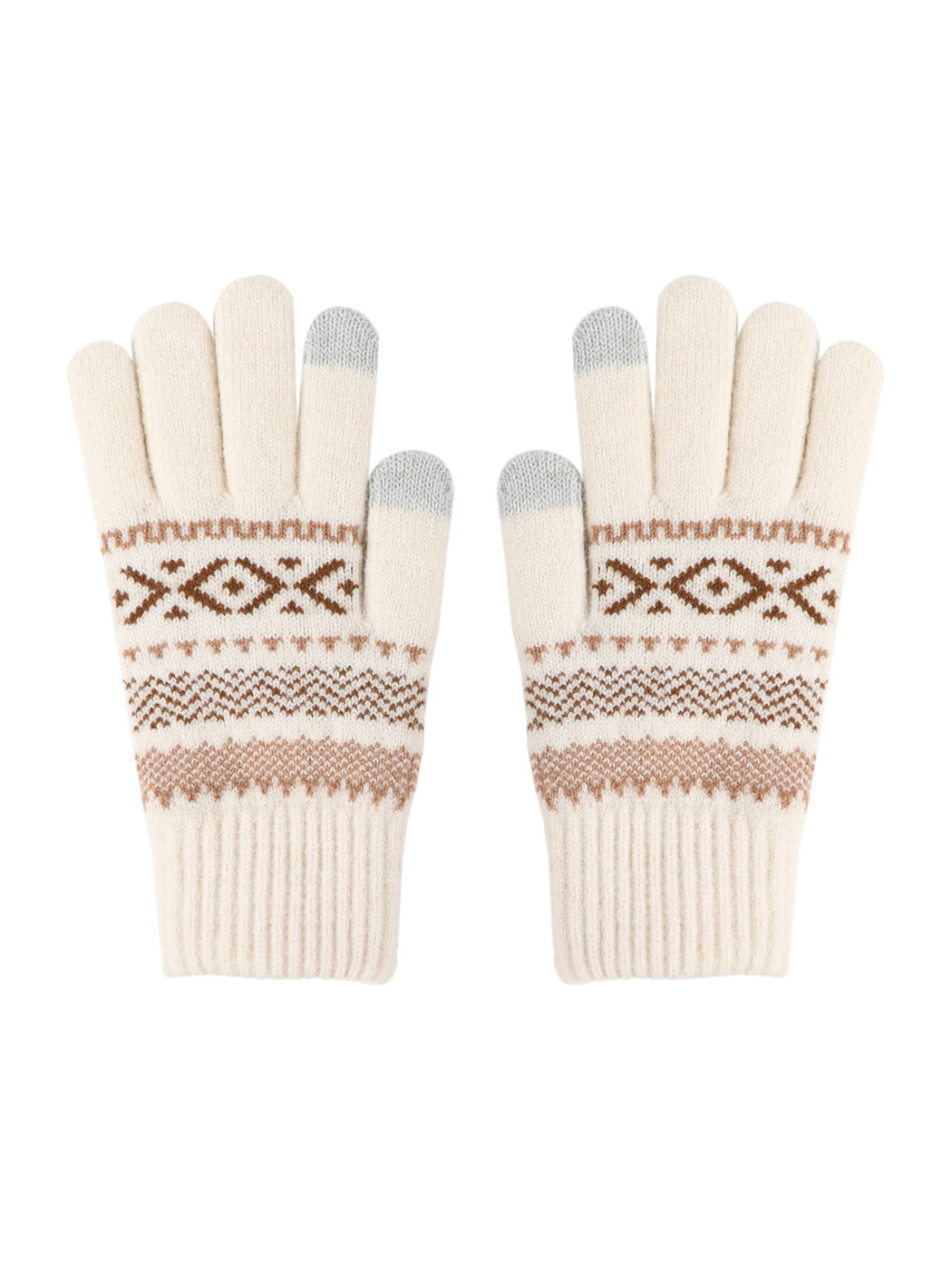 Ivory geometric-pattern knit gloves with gray contrasting fingertips