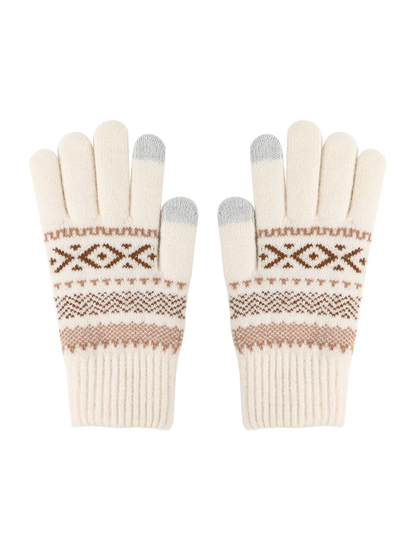 Ivory geometric-pattern knit gloves with gray contrasting fingertips