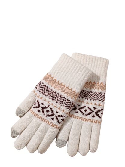 Ivory geometric-pattern knit gloves arranged as a pair