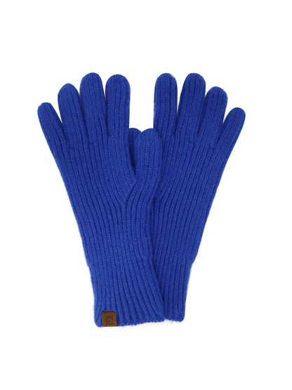 Blue ribbed knit gloves with extended cuffs