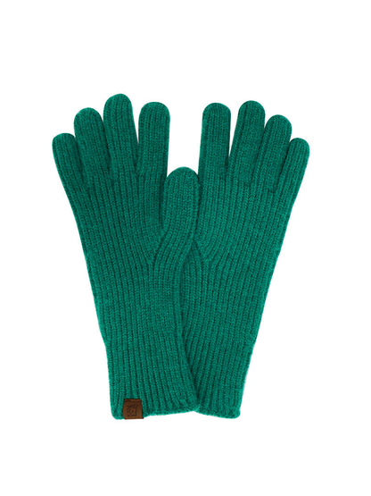 Green ribbed knit gloves with extended cuffs