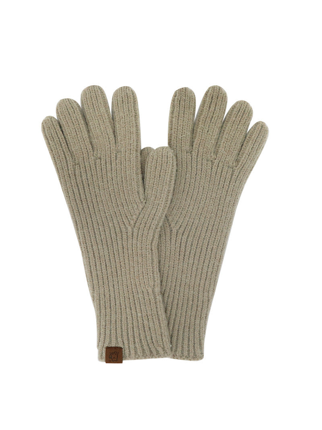 Khaki ribbed knit gloves with extended cuffs