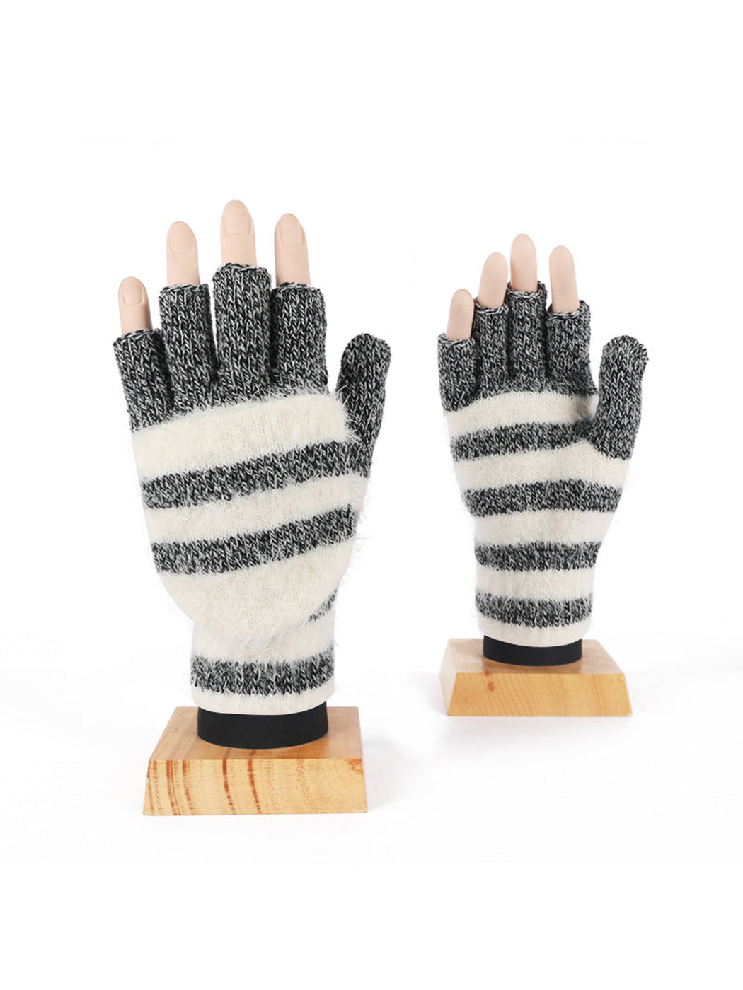 Black and cream striped convertible fingerless gloves, front display