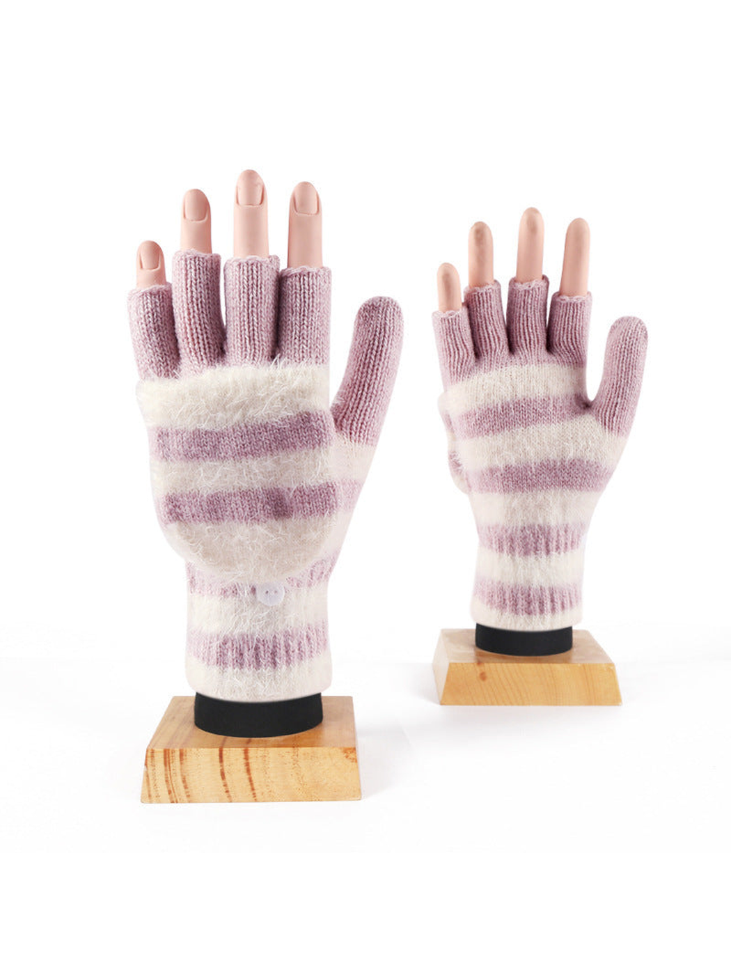 Striped convertible fingerless gloves displayed with open and closed mitten flaps