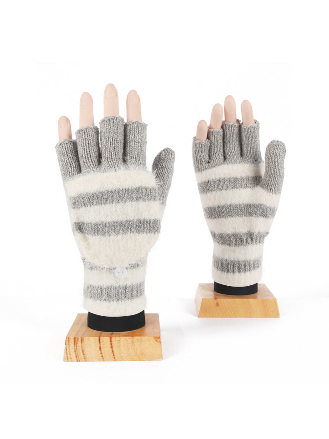 Gray and cream striped convertible fingerless gloves, front display