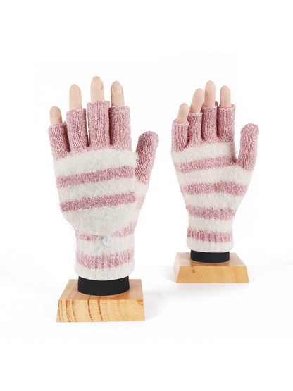 Pink and cream striped convertible fingerless gloves, front display
