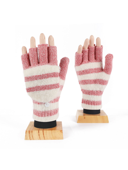 Rose red and cream striped convertible fingerless gloves, front display