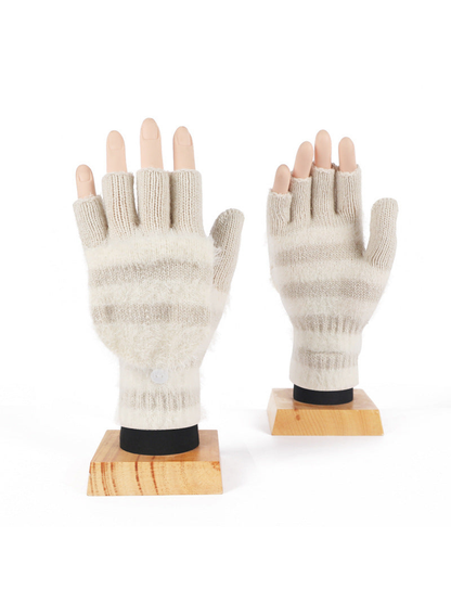 Beige and cream striped convertible fingerless gloves, front display