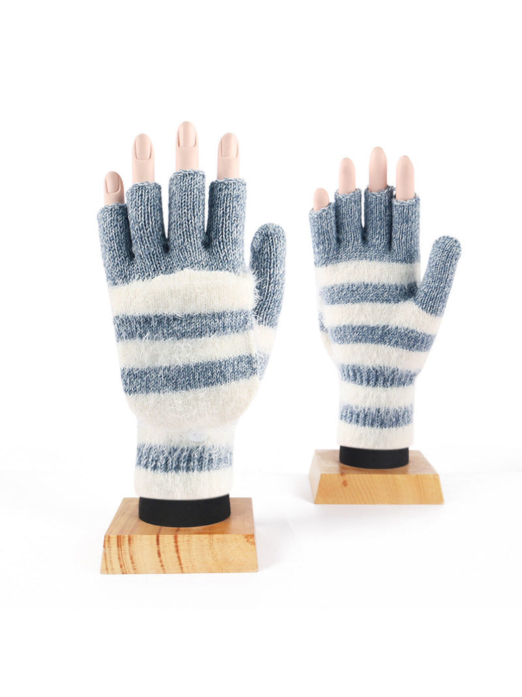 Light blue and cream striped convertible fingerless gloves, front display