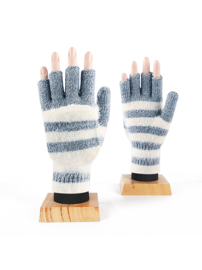 Light blue and cream striped convertible fingerless gloves, front display