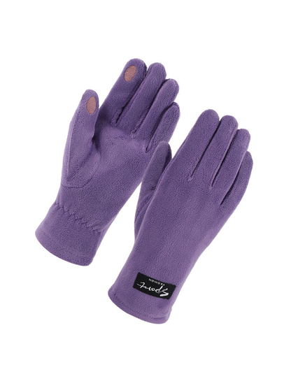 Purple fuzzy-textured gloves with contrasting fingertip patches