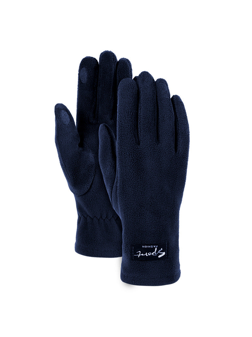 Navy fuzzy-textured gloves, front and palm views