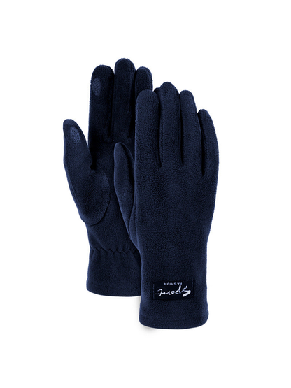 Navy fuzzy-textured gloves, front and palm views