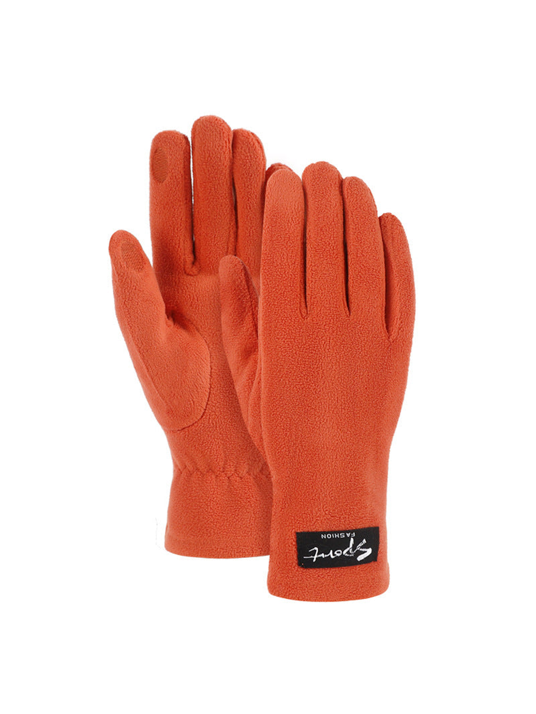 Orange fuzzy-textured gloves, front and palm views