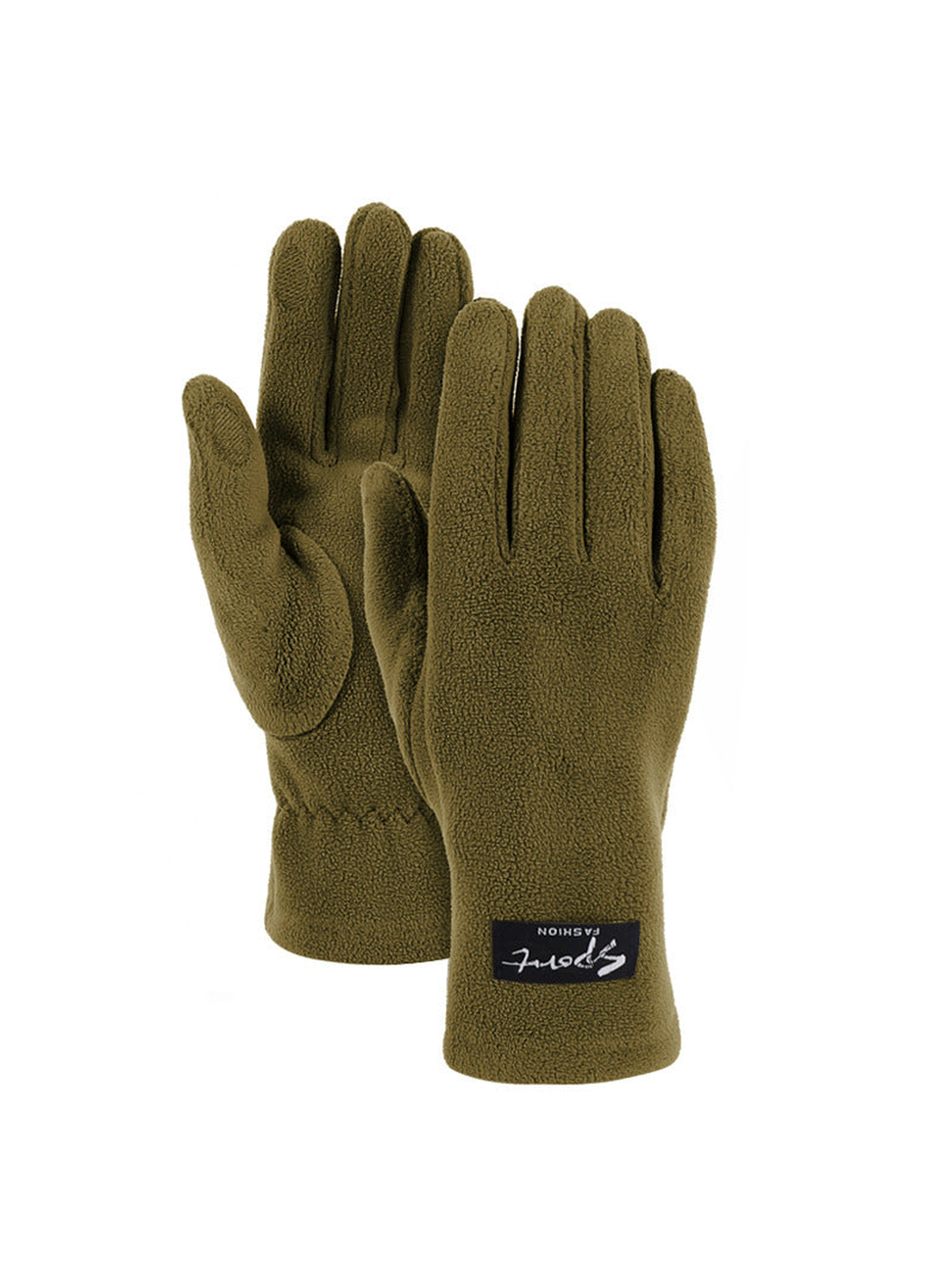Olive green fuzzy-textured gloves, front and palm views