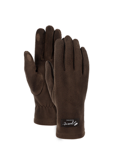 Coffee brown fuzzy-textured gloves, front and palm views