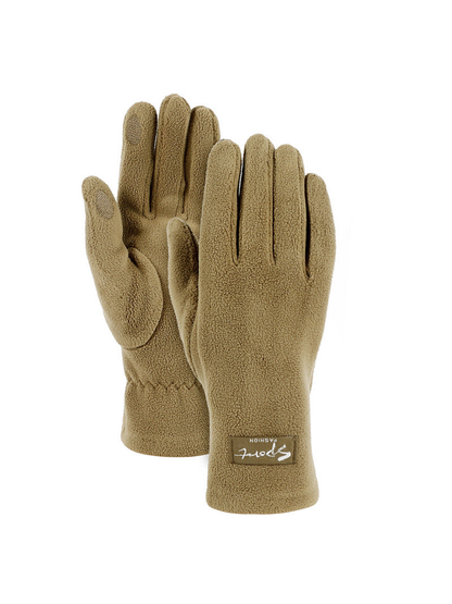 Khaki fuzzy-textured gloves, front and palm views