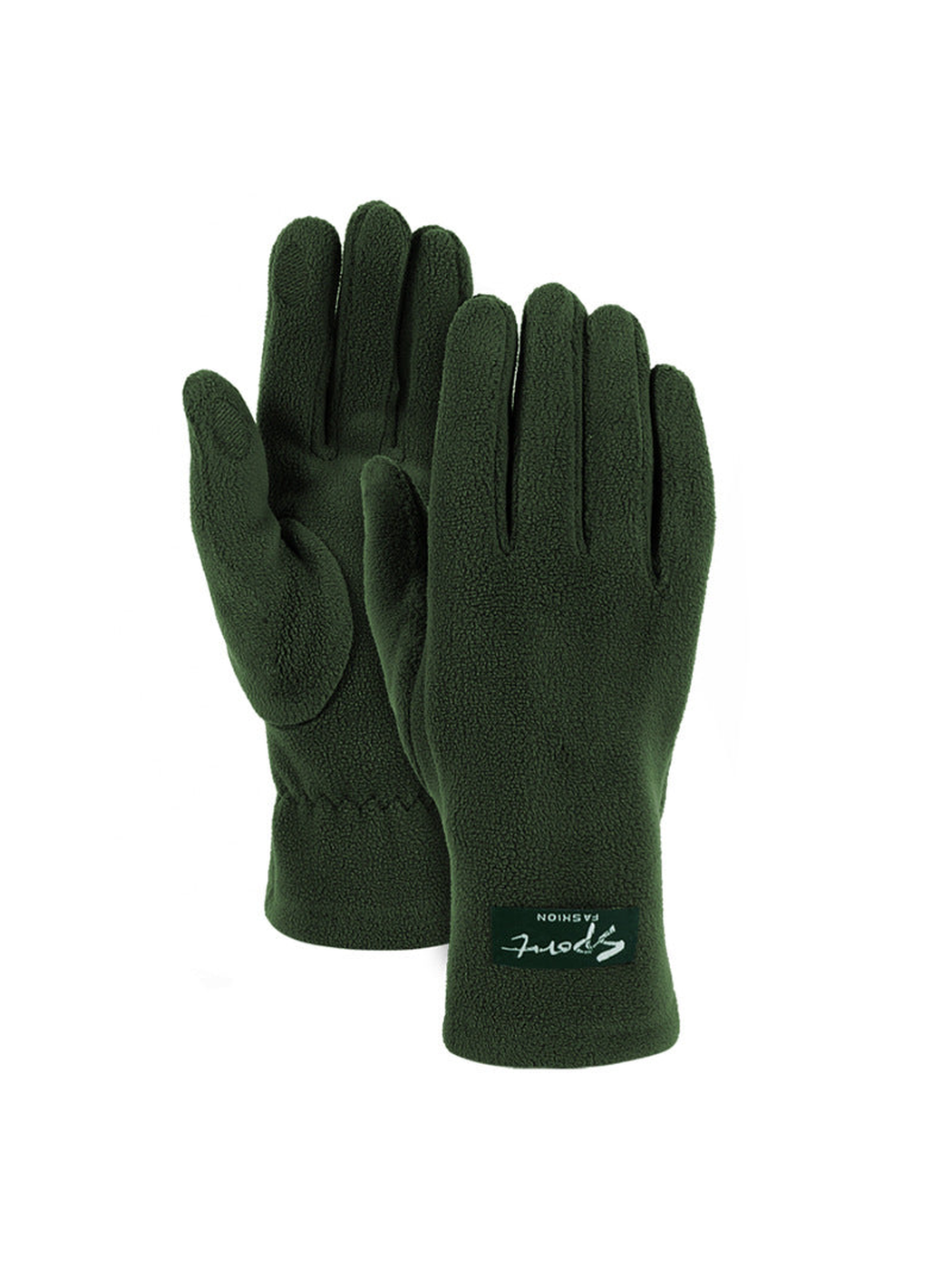 Dark green fuzzy-textured gloves, front and palm views
