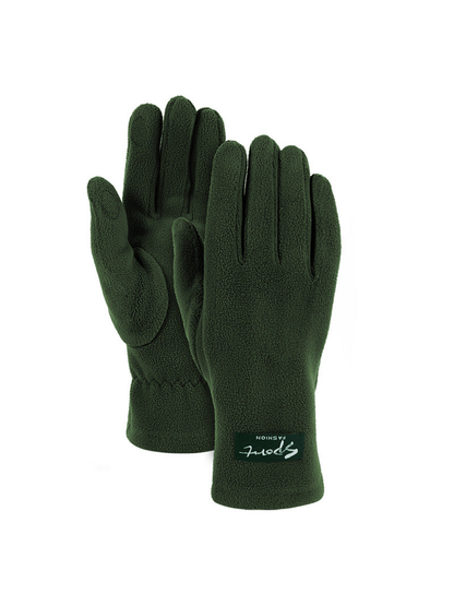 Dark green fuzzy-textured gloves, front and palm views