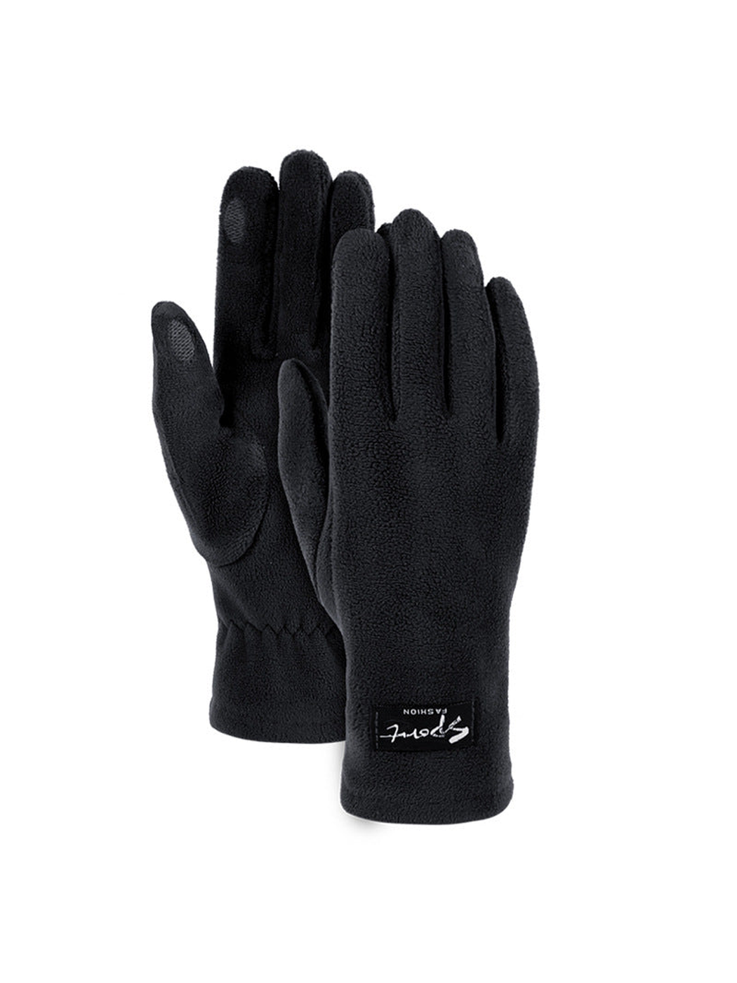 Dark gray fuzzy-textured gloves, front and palm views