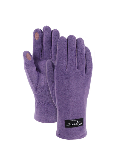 Purple fuzzy-textured gloves, front and palm views