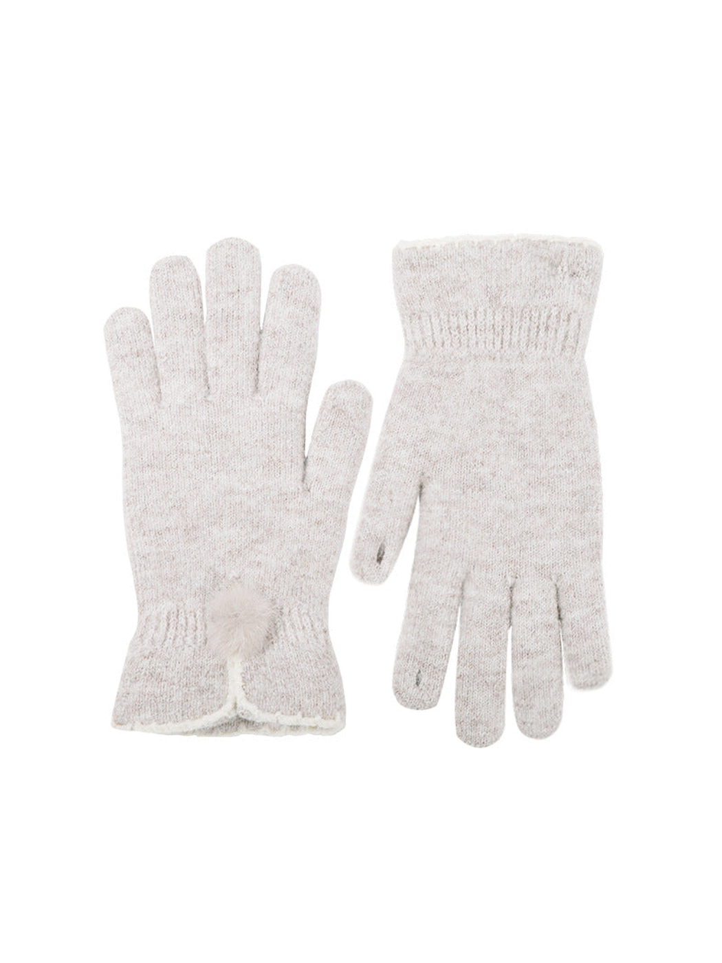 Beige knit gloves with split cuffs and pom-pom accents