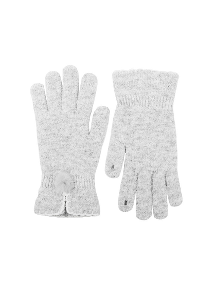 Light gray knit gloves with split cuffs and pom-pom accents