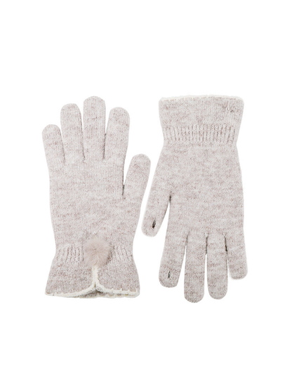 Light coffee knit gloves with split cuffs and pom-pom accents