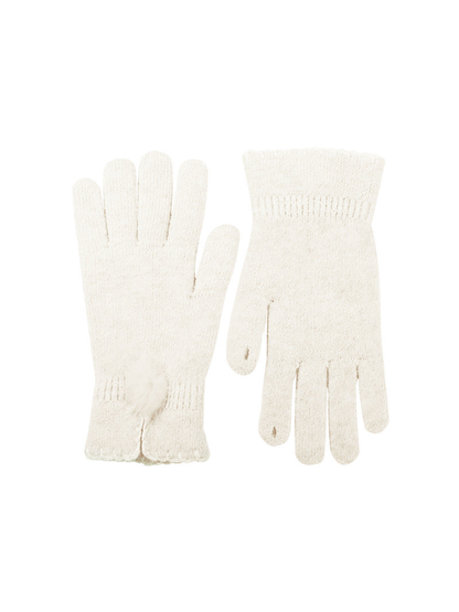 Ivory knit gloves with split cuffs and pom-pom accents