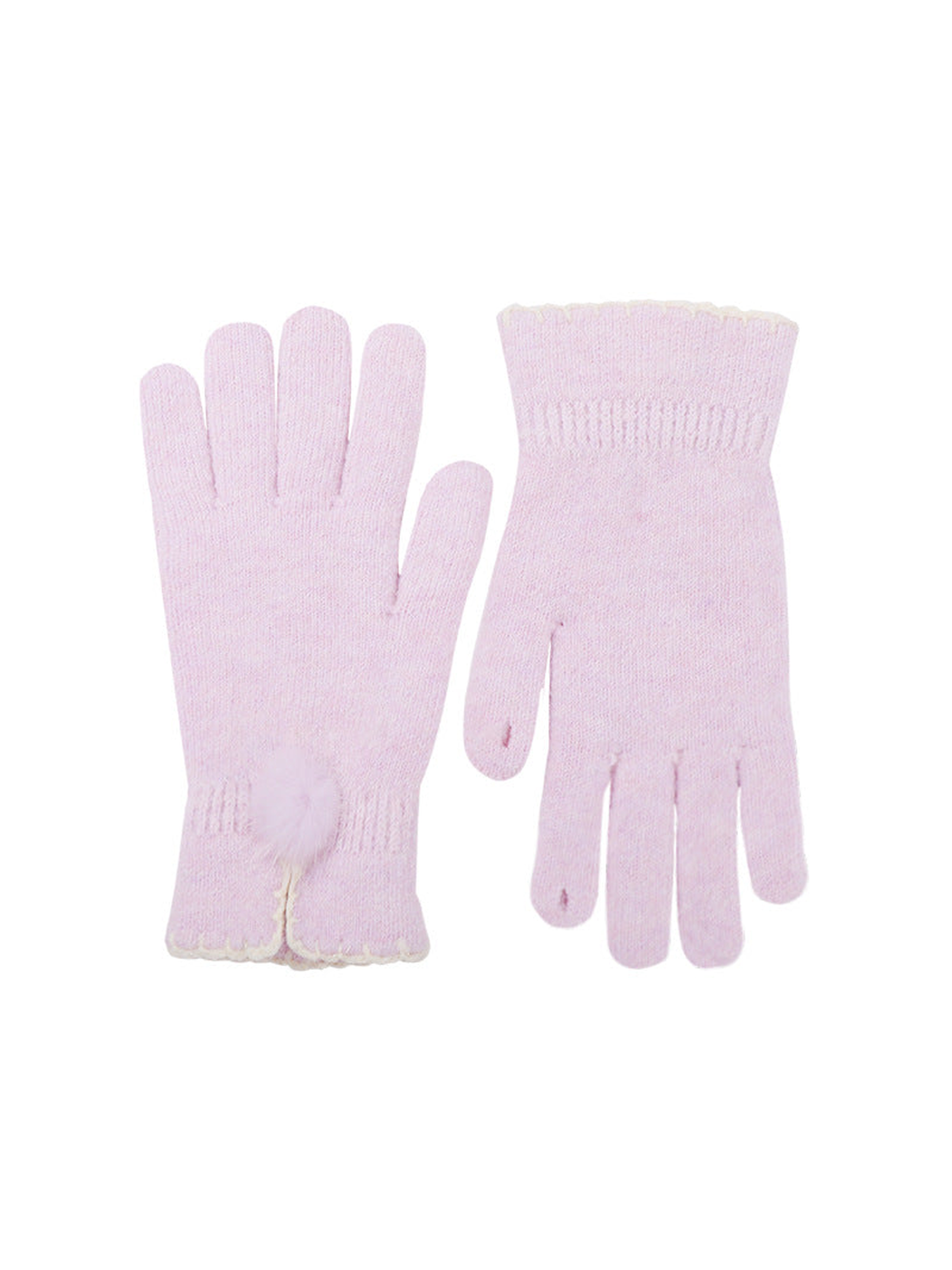 Light purple knit gloves with split cuffs and pom-pom accents