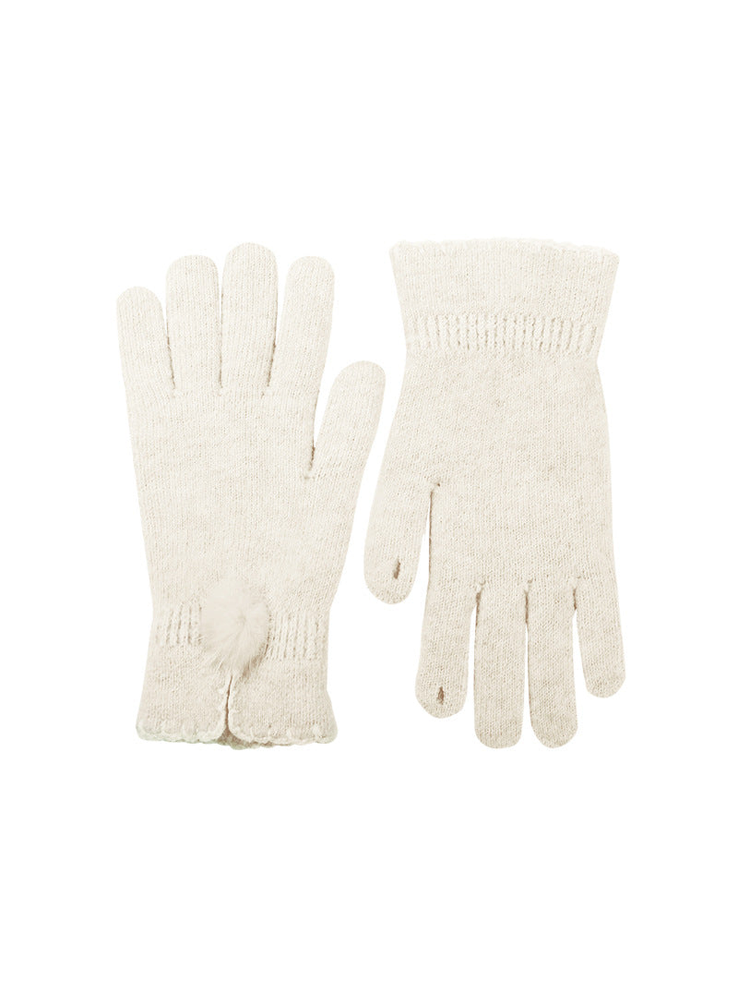 Cream knit gloves with split cuffs and pom-pom accents