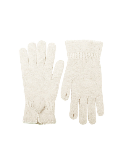 Cream knit gloves with split cuffs and pom-pom accents