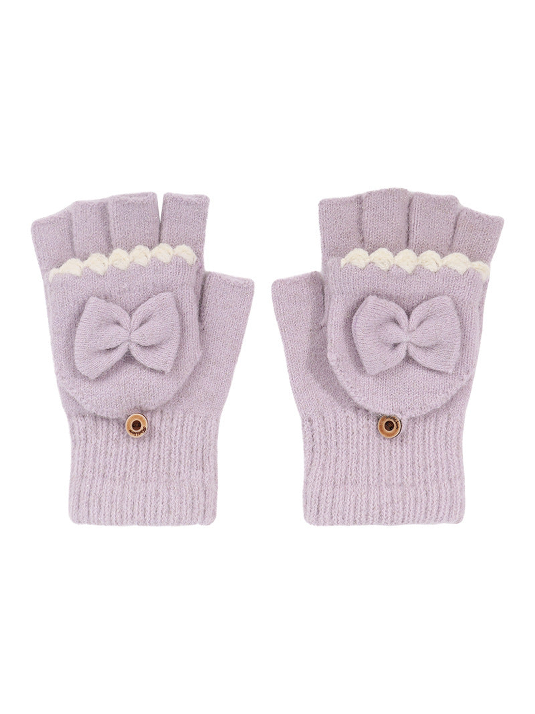 Light purple convertible fingerless gloves with bow appliqués and scalloped trim