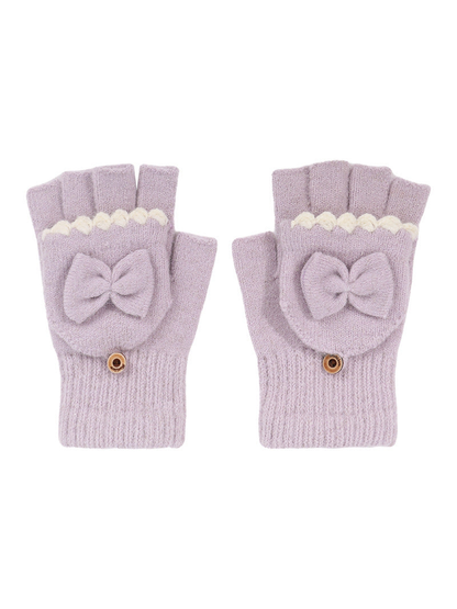 Light purple convertible fingerless gloves with bow appliqués and scalloped trim
