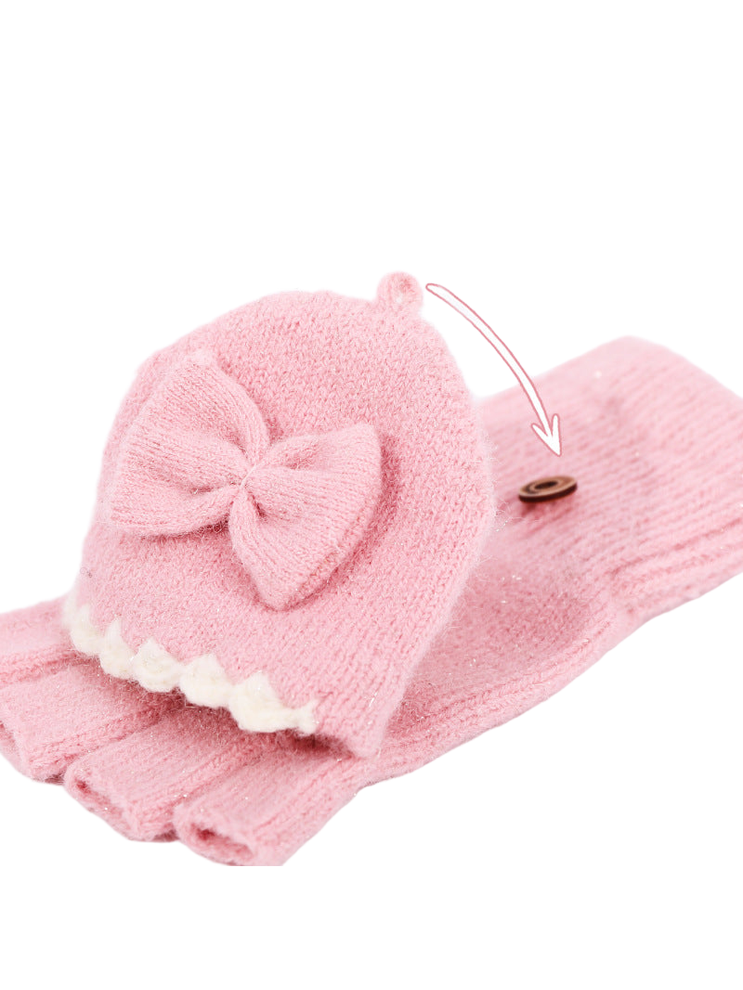 Close-up of the pink bow flap and fastening button