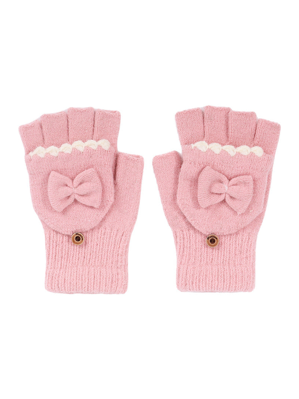 Rose pink convertible fingerless gloves with bow appliqués